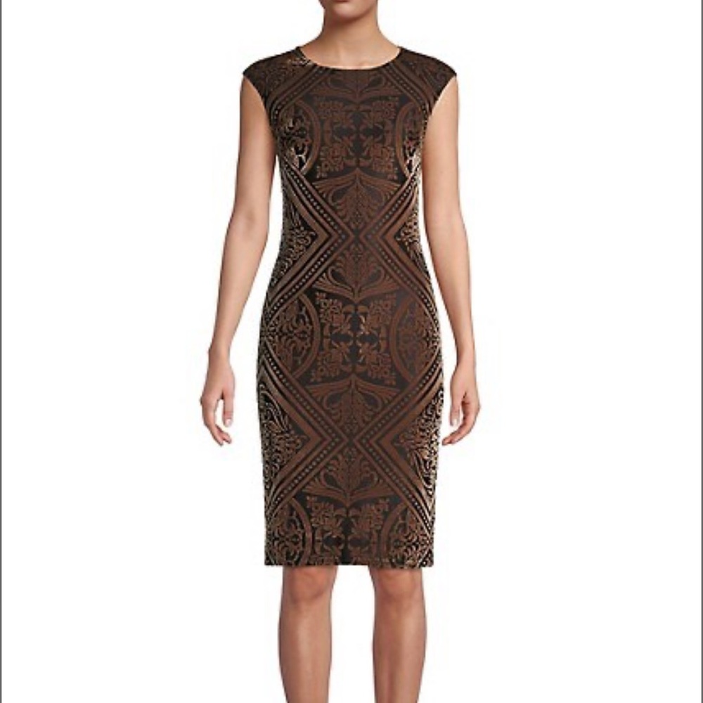 Vince Camuto Velvet Cap-Sleeve Sheath Black and Gold Dress Size 8
